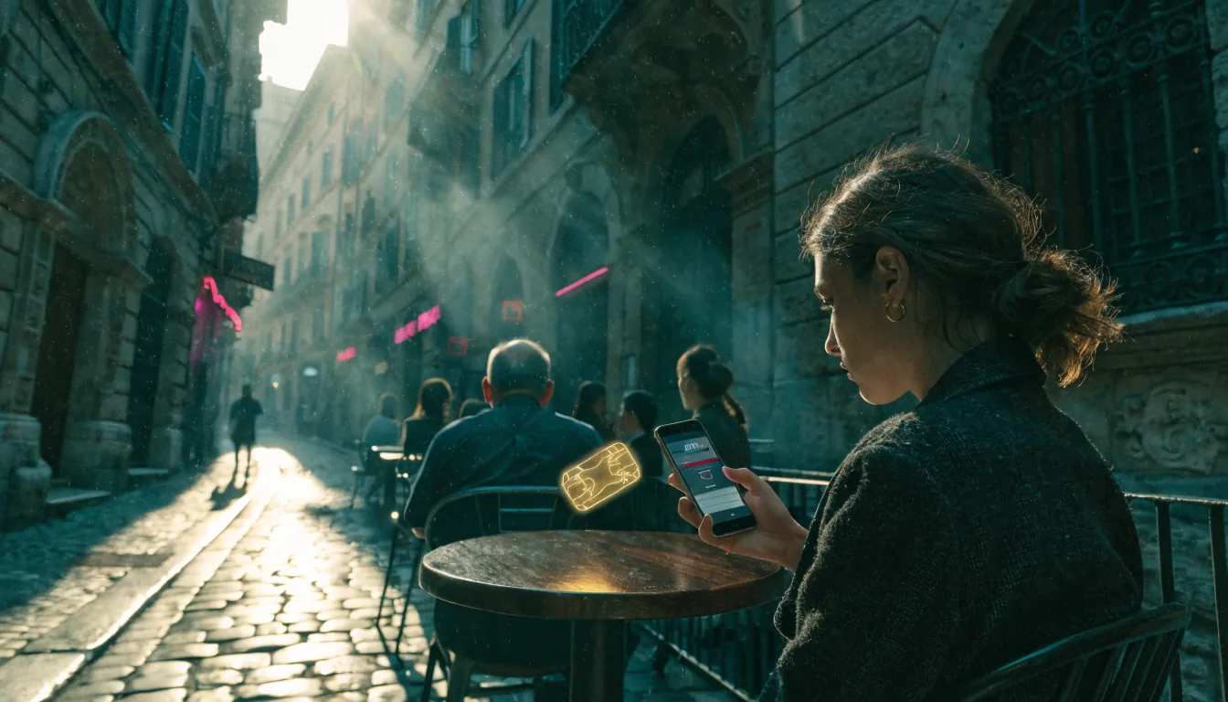 Donna italiana al tavolino di un caffè romano con credito bonus fluttuante