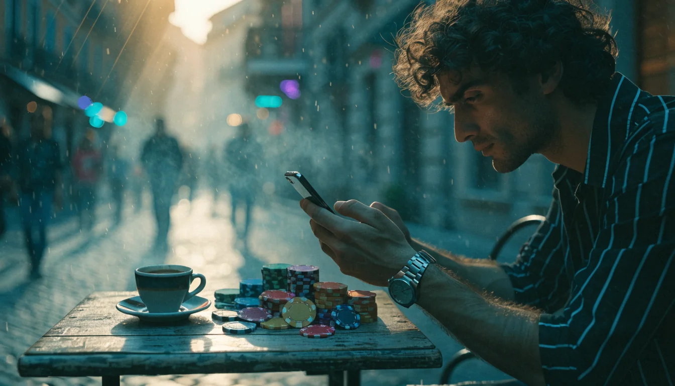 Uomo italiano al caffè con fiches da casinò e espresso