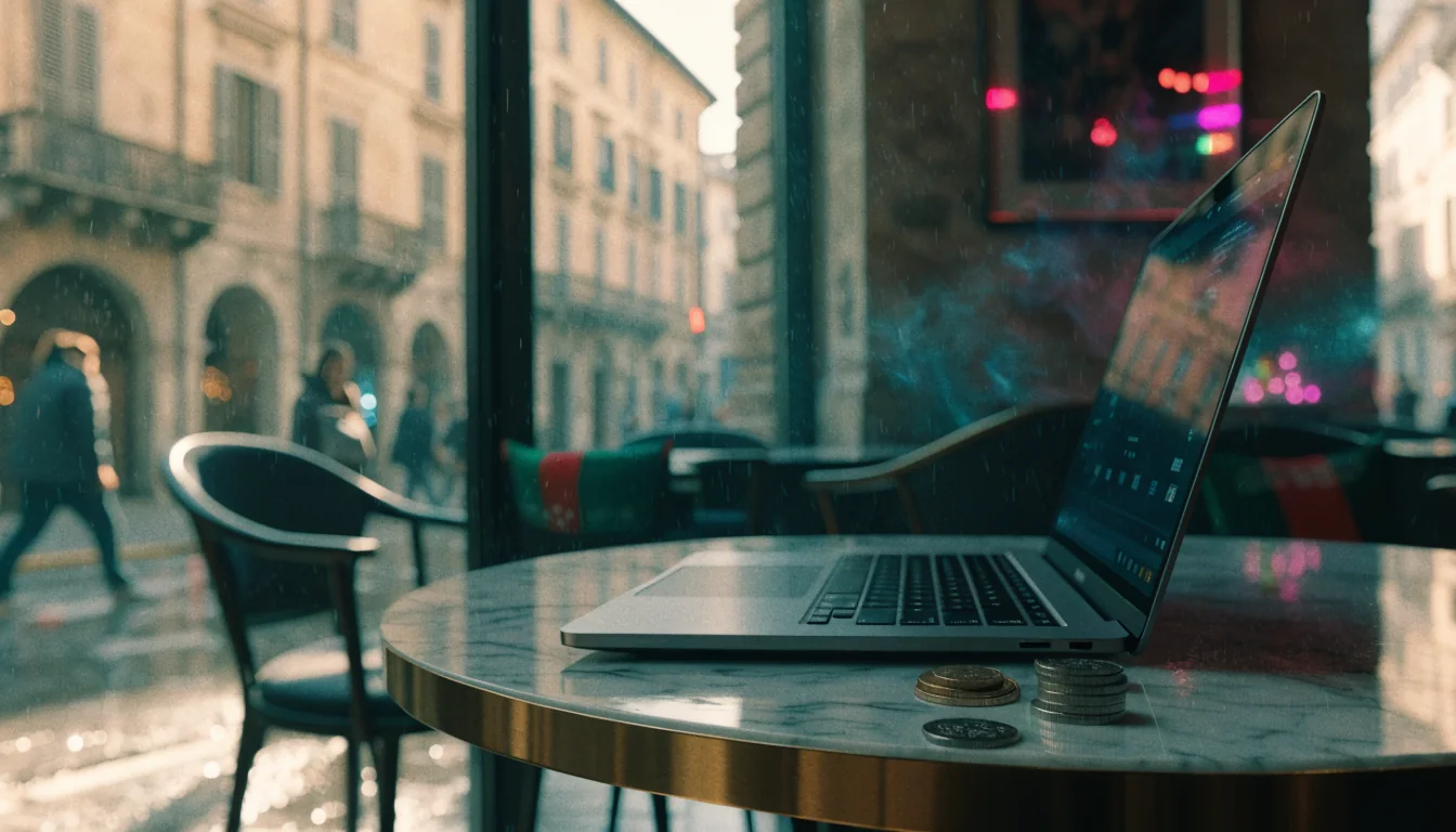 Caffè italiano con laptop, monete da 1 euro, luce naturale