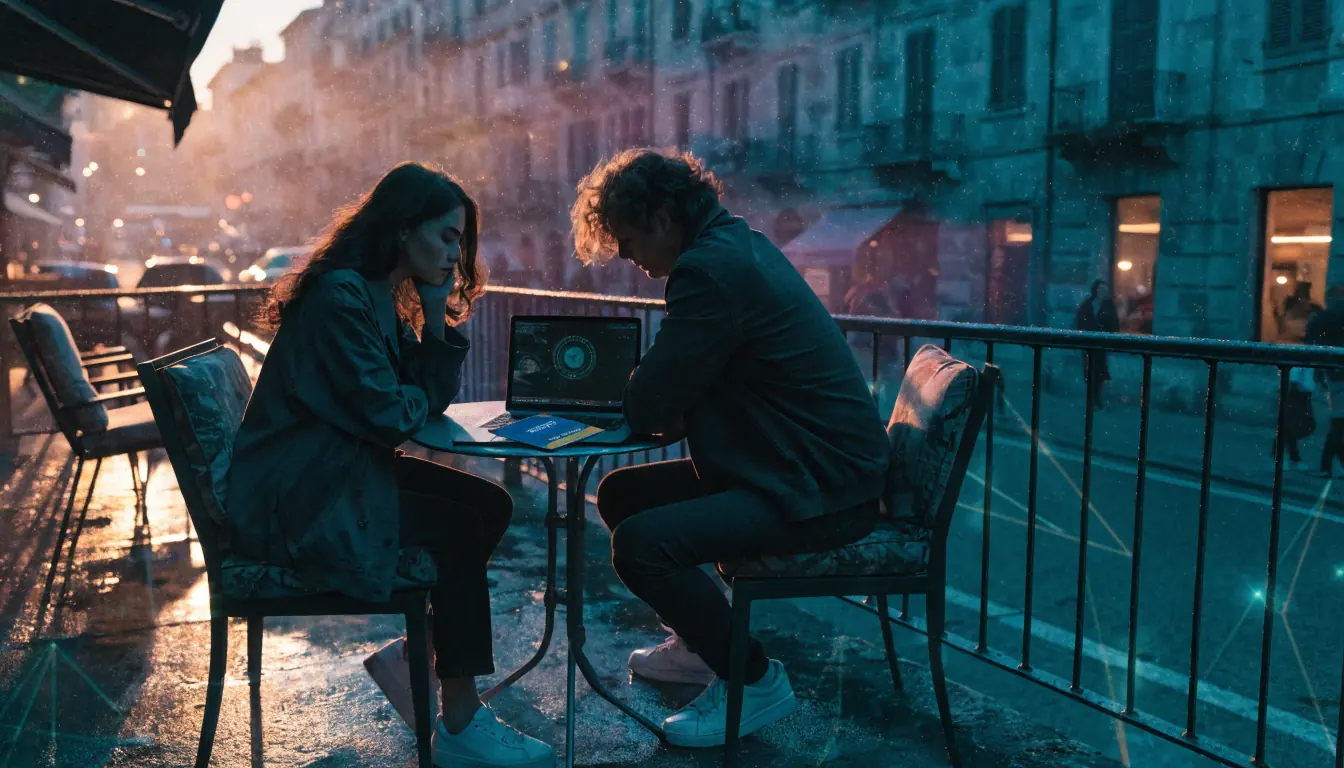Coppia al tavolo con Paysafecard e laptop al tramonto