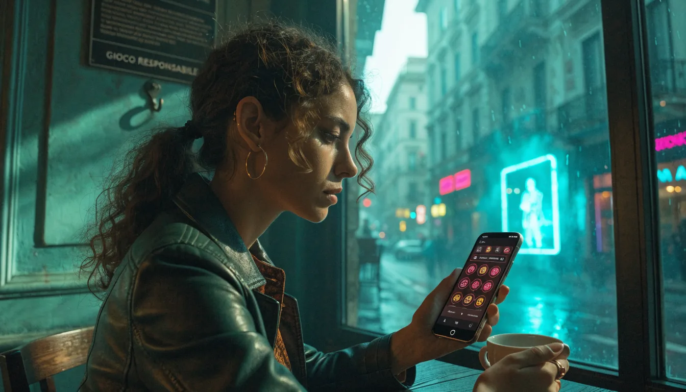 Donna italiana al caffè con avviso gioco responsabile