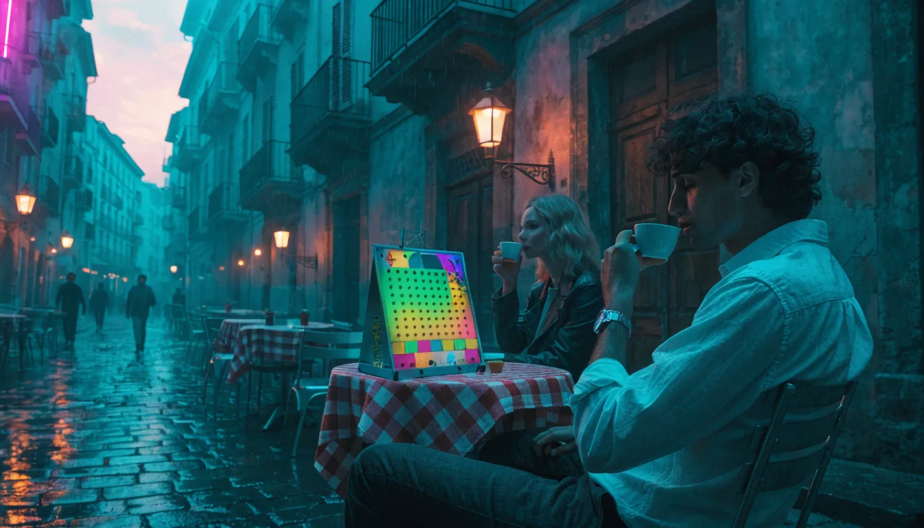 Coppia italiana su terrazza con tavolo Plinko colorato
