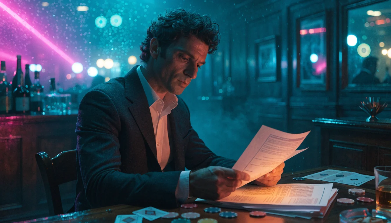 Uomo italiano al tavolo del casinò, luce calda, carte e fiches